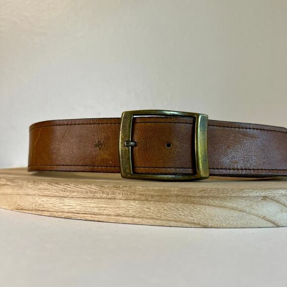 Vintage 90s Soft Tan Genuine Leather Chunky Brass Buckle Belt Size M/L - Picture 1 of 12